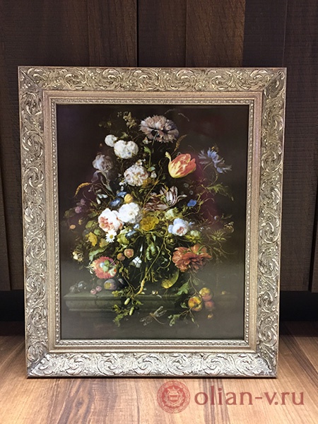 Картина на фарфоре "Цветы в стеклянной вазе с фруктами"
